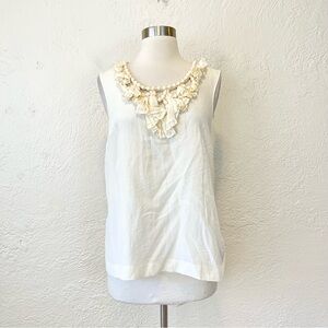 J Crew Vintage Y2K Top Ivory Beaded Ruffle Silk Blend Coastal Coquette 10